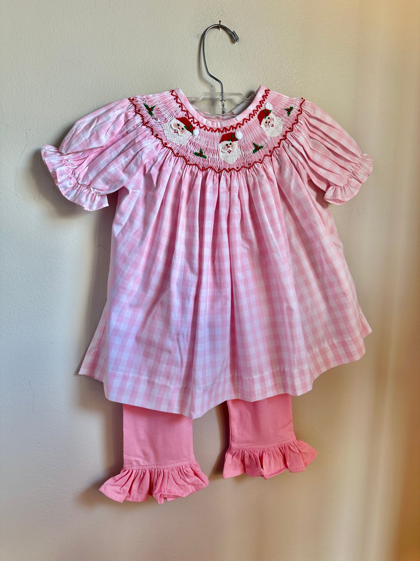 Pink check SS smocked Santa pants set