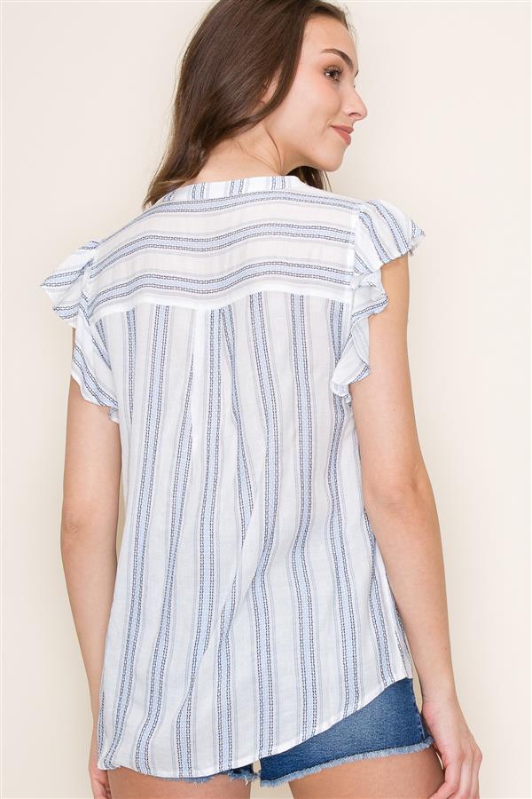 V-neck Ruffle Sleeve Striped Top