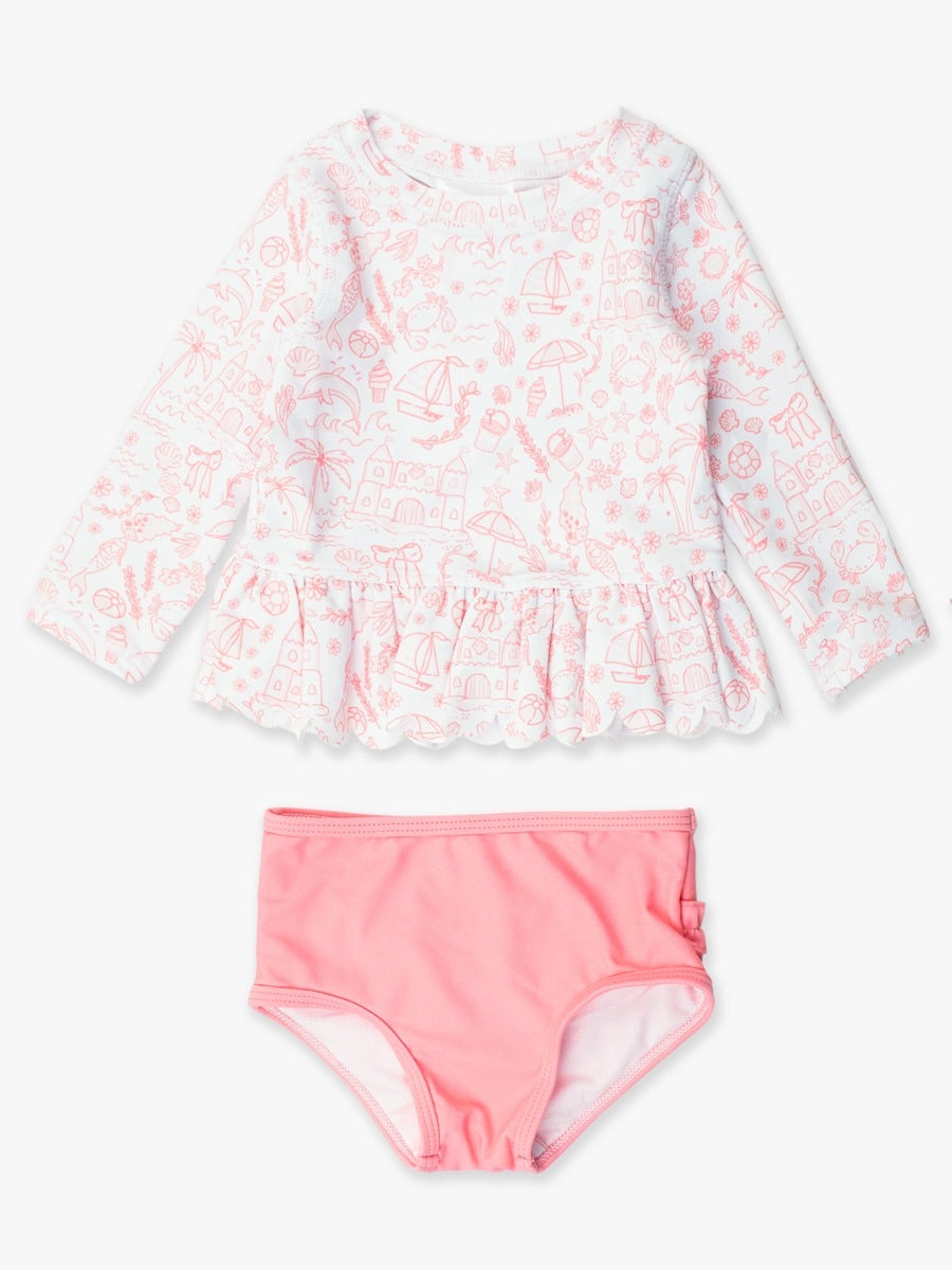 Seaside Scalloped Long Sleeve Rash Guard 2-Piece