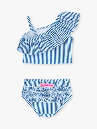 Blue Seersucker One Shoulder Ruffle Tankini