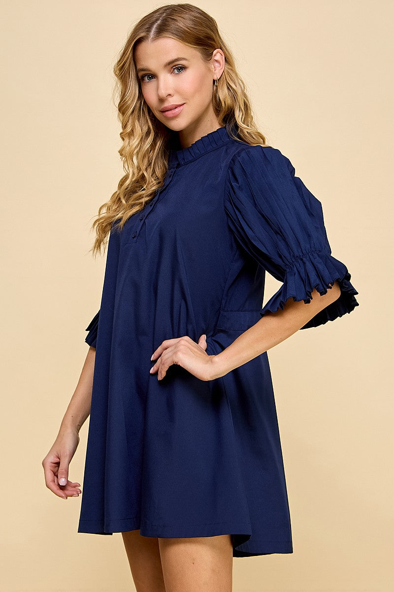 Shift Dress with Pleated Sleeves and Neckline
