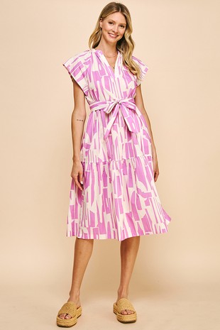 V-neck cap sleeves waist belt with loops