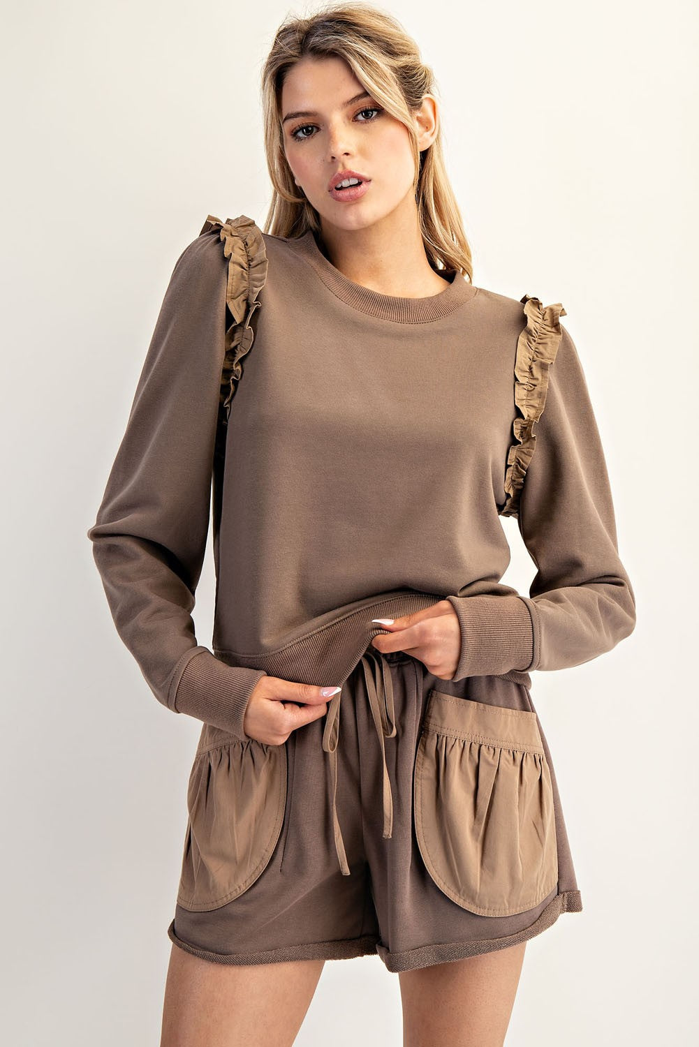 Ruffle Shoulder Long Sleeve Pullover
