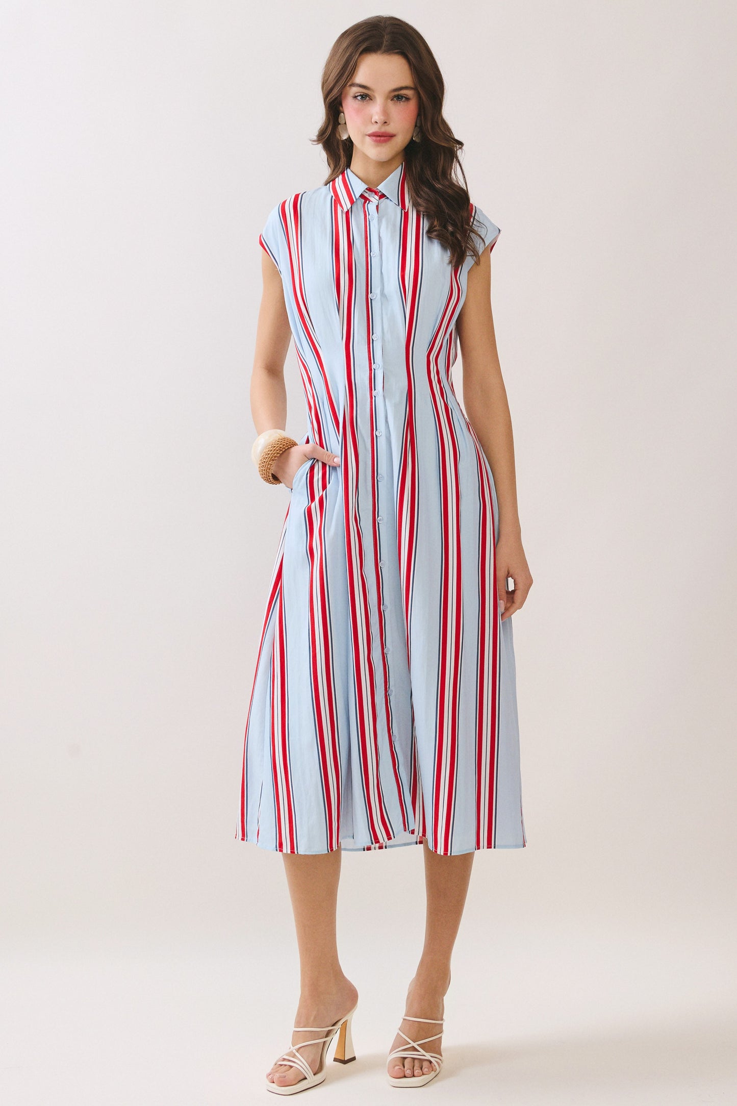 Fitted Striped Button Midi Dress