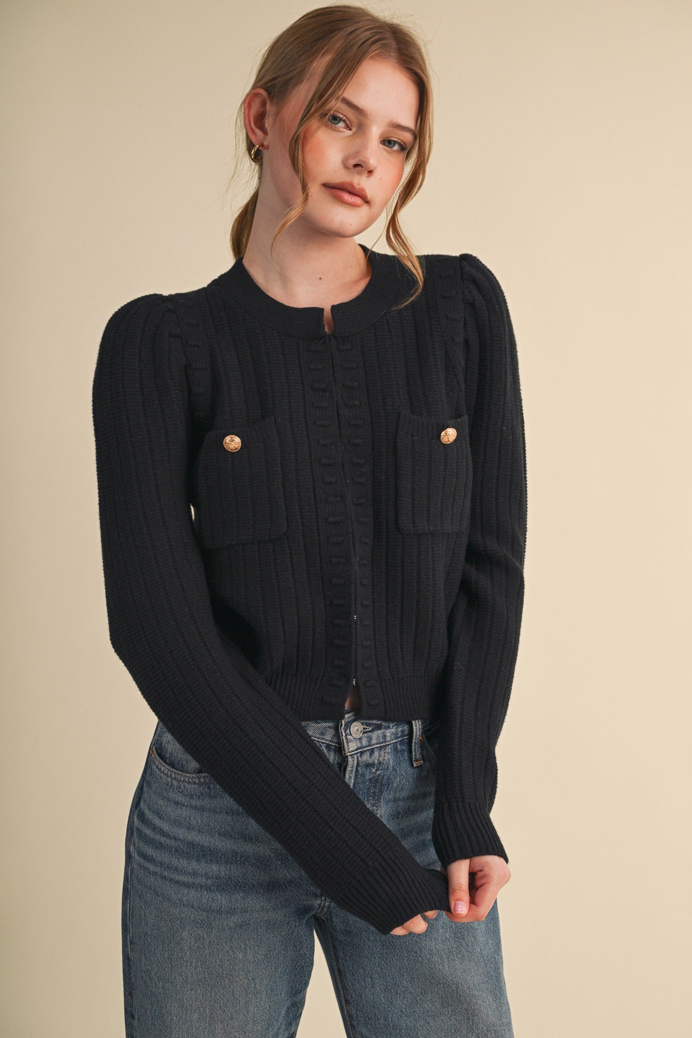 Patch Pocket Bobble Knit Sweater Cardigan