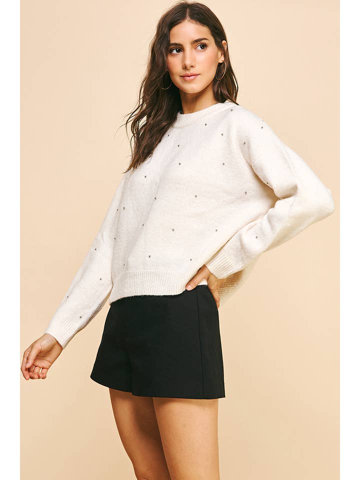 Marble Embellished Sweater Top - Cream