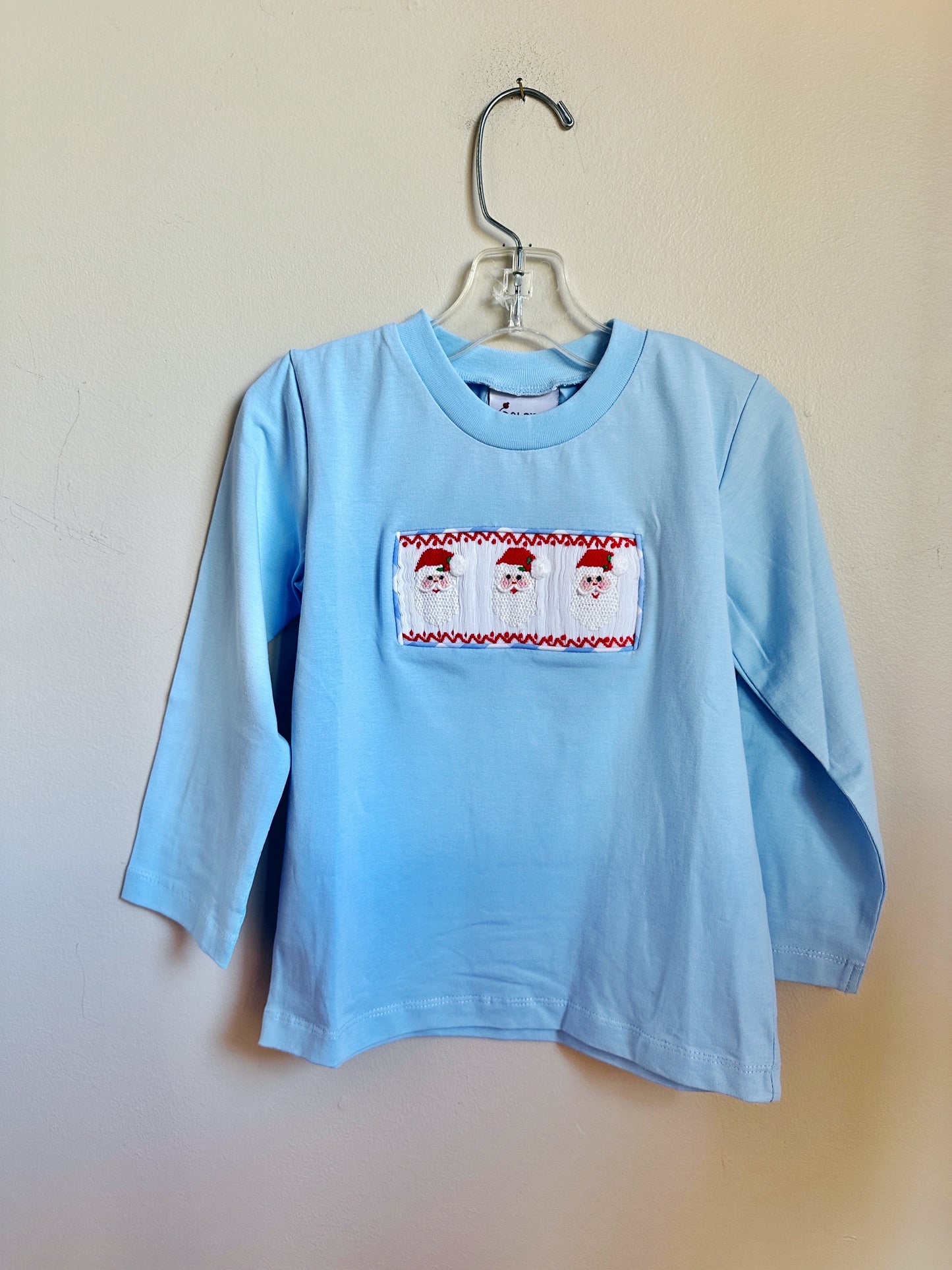 Blue knit LS smocked Santa shirt