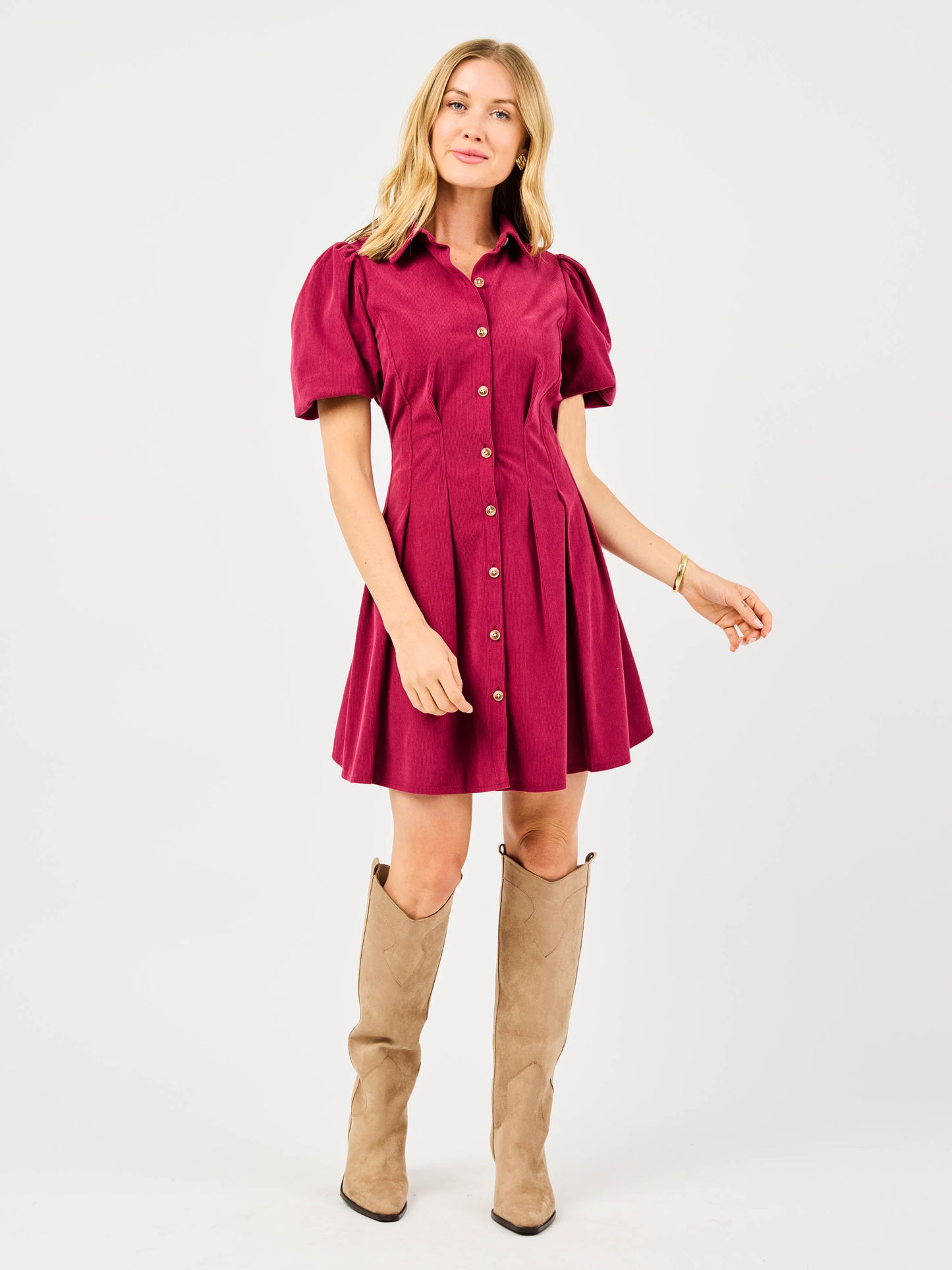 Maroon Puff Sleeve Dress