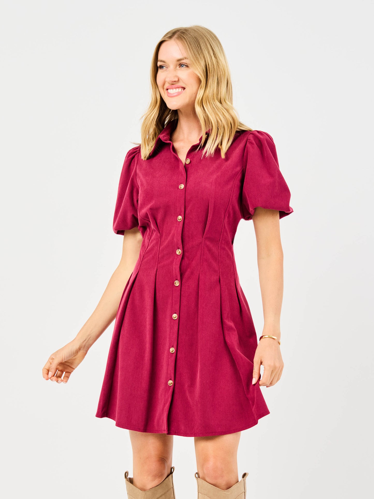 Maroon Puff Sleeve Dress