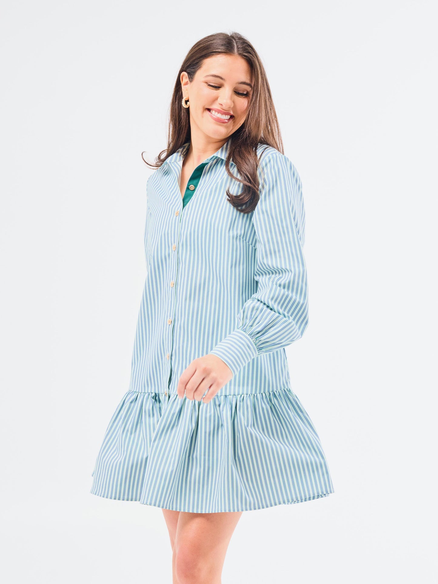 Blue/Green Striped Long Sleeve Dress