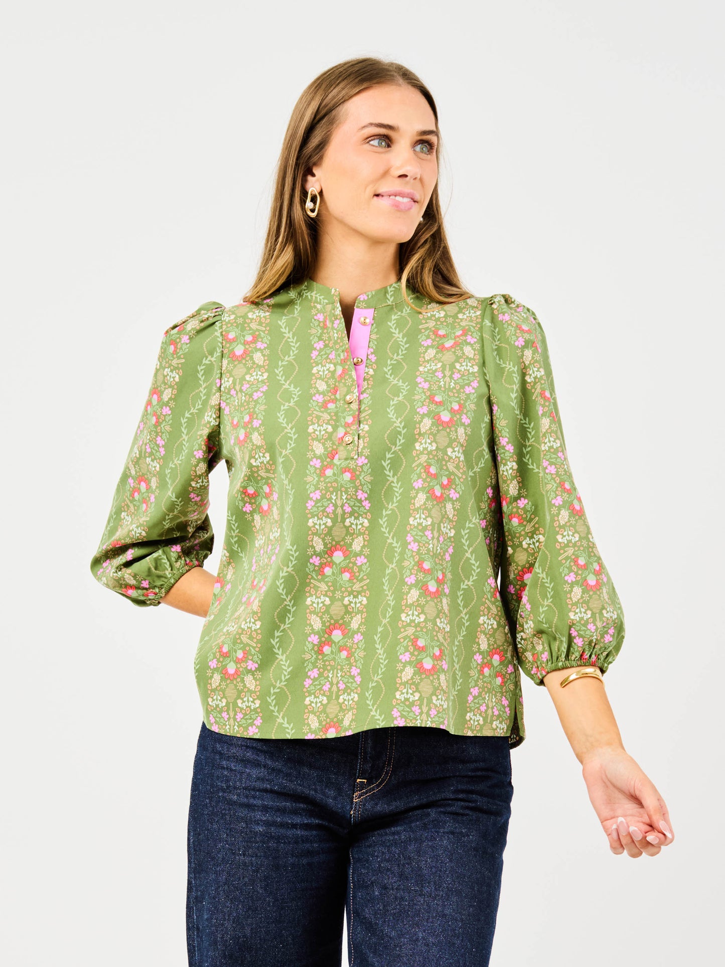 Green Floral Long Sleeve Top