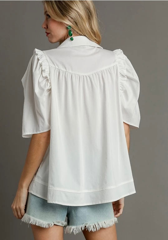 White Ruffle and Flutter Sleeve Button Up top