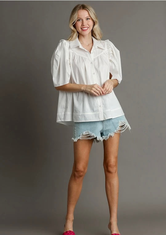 White Ruffle and Flutter Sleeve Button Up top
