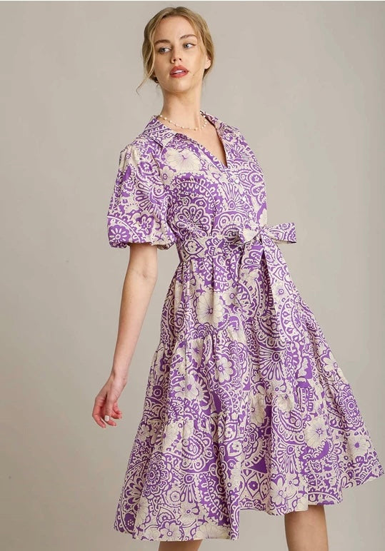 Lavender Puff Sleeve Patterned Dress
