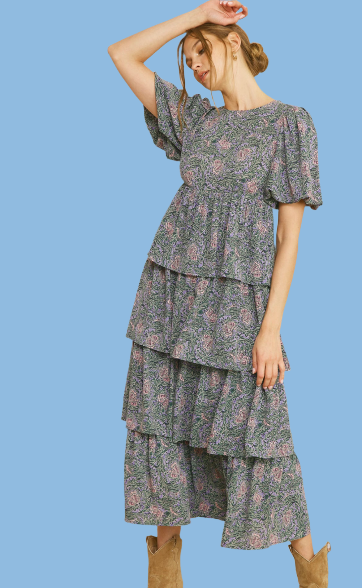 Tiered puff sleeve maxi dress with zipper