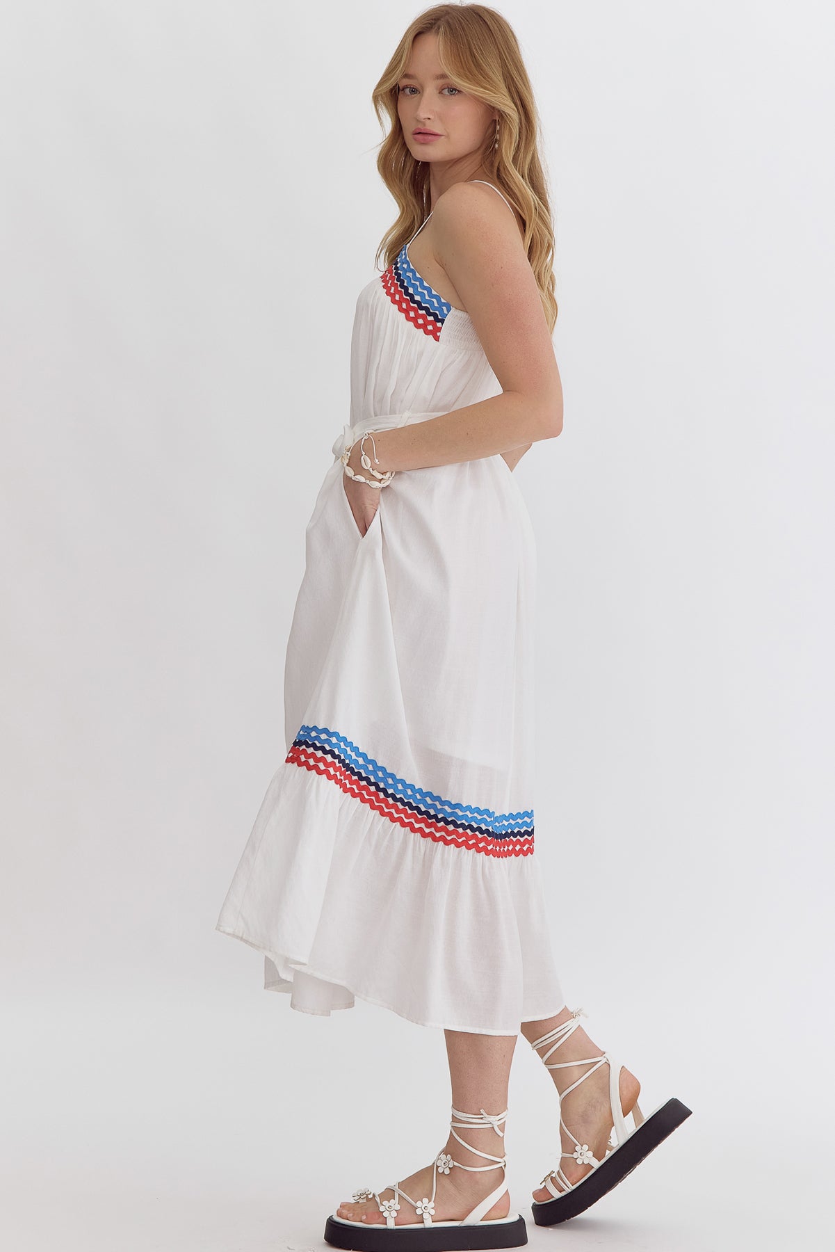 White Dress with Blue & Red Trim