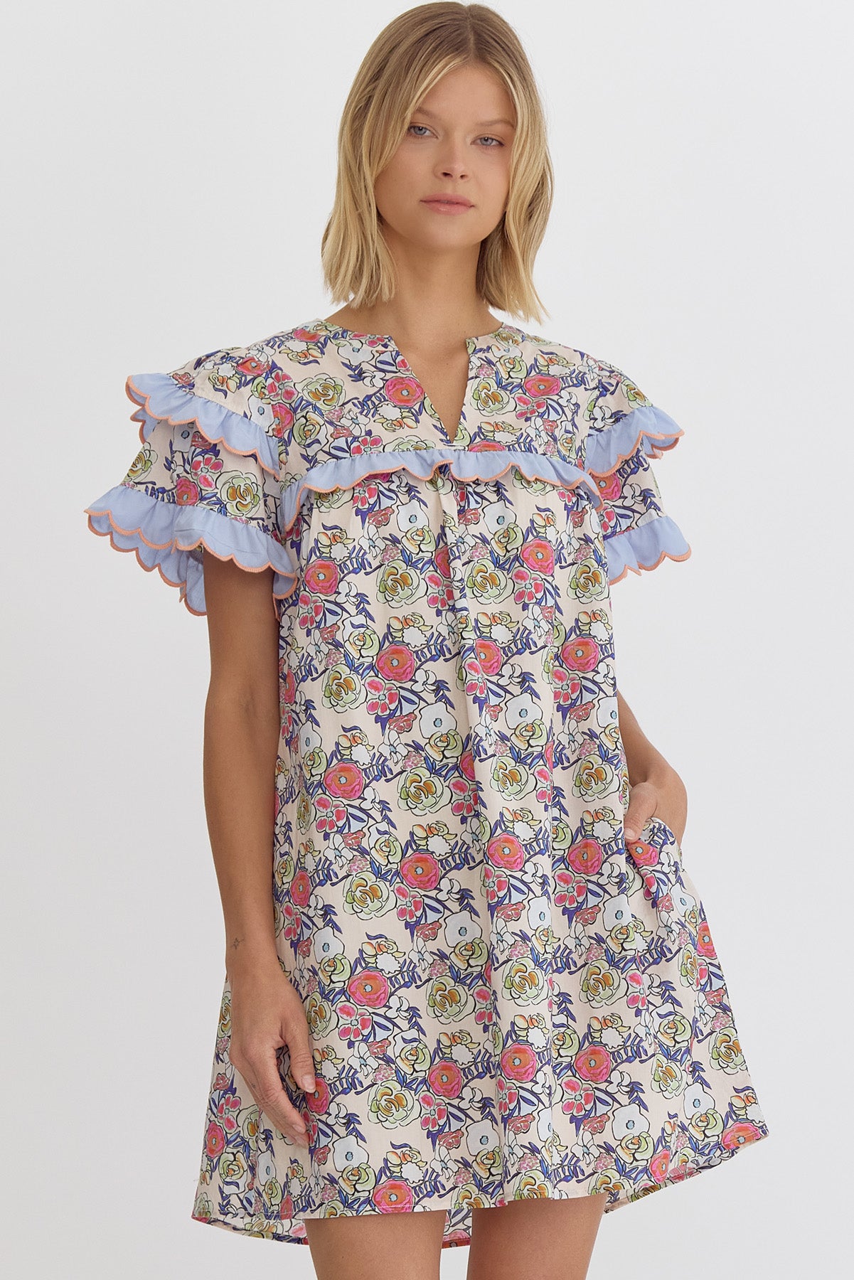 Ecru Floral With Sleeve Trim