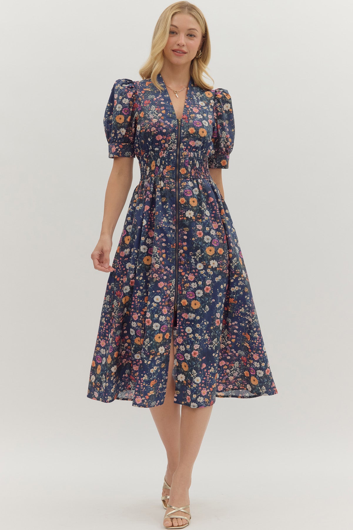 floral zip midi dress