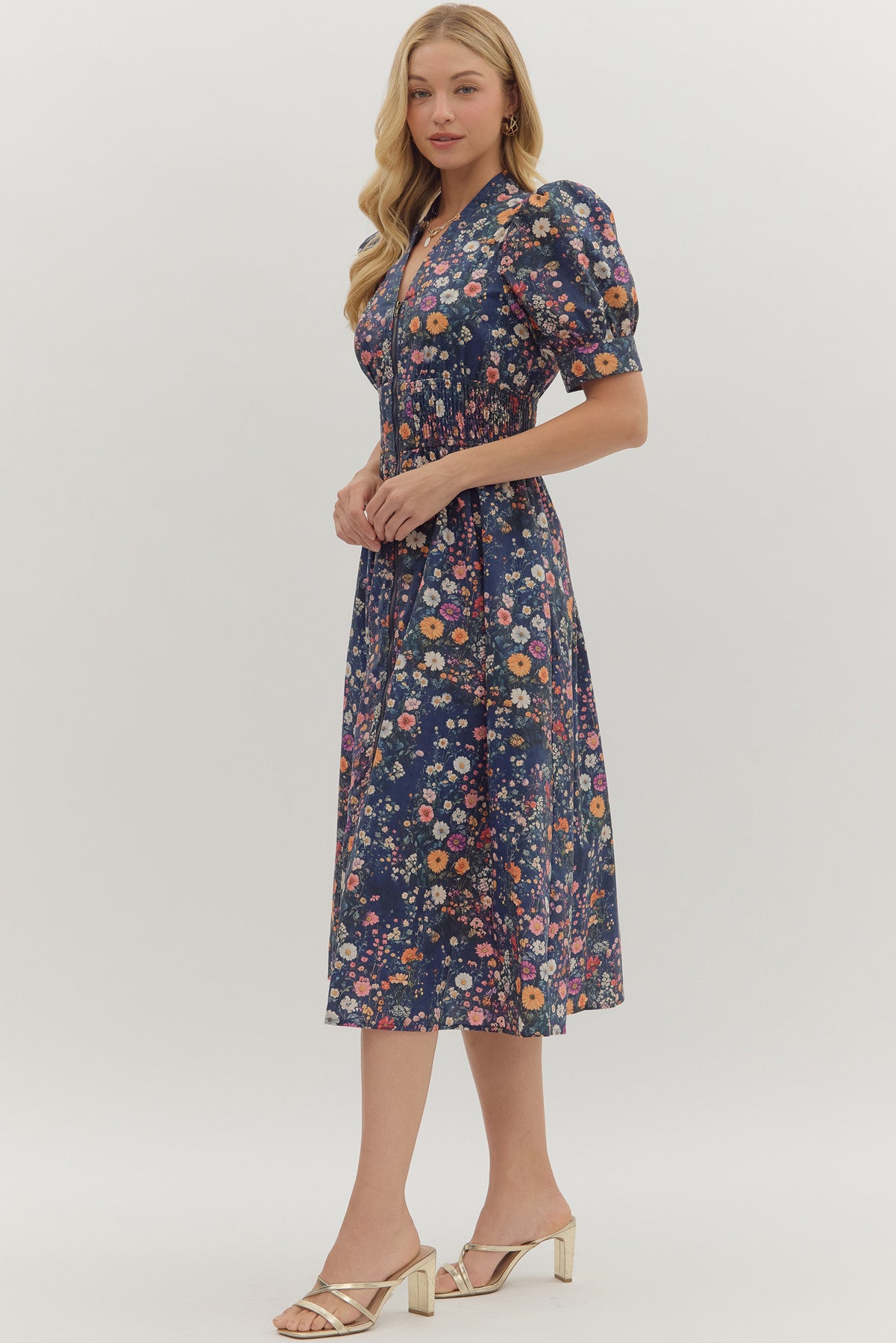 floral zip midi dress