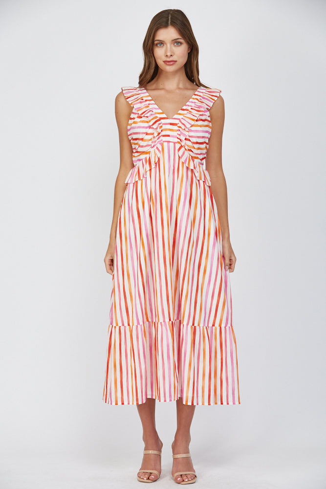 Stripe Cotton Poplin Ruffle Dress