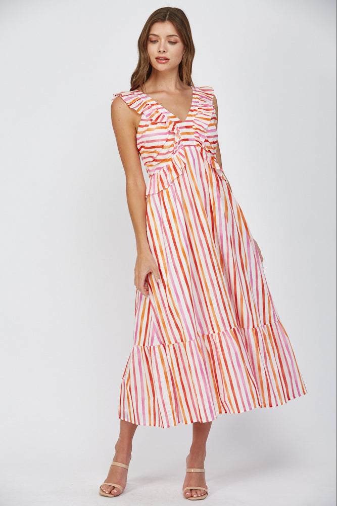 Stripe Cotton Poplin Ruffle Dress