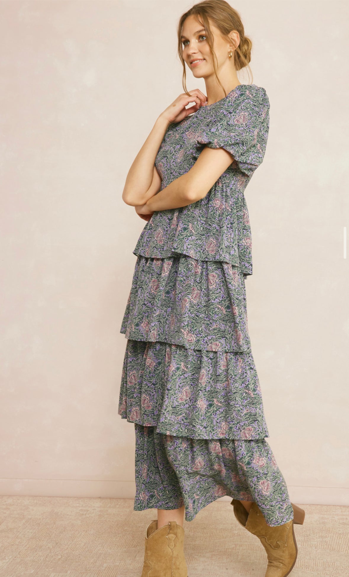Tiered puff sleeve maxi dress with zipper