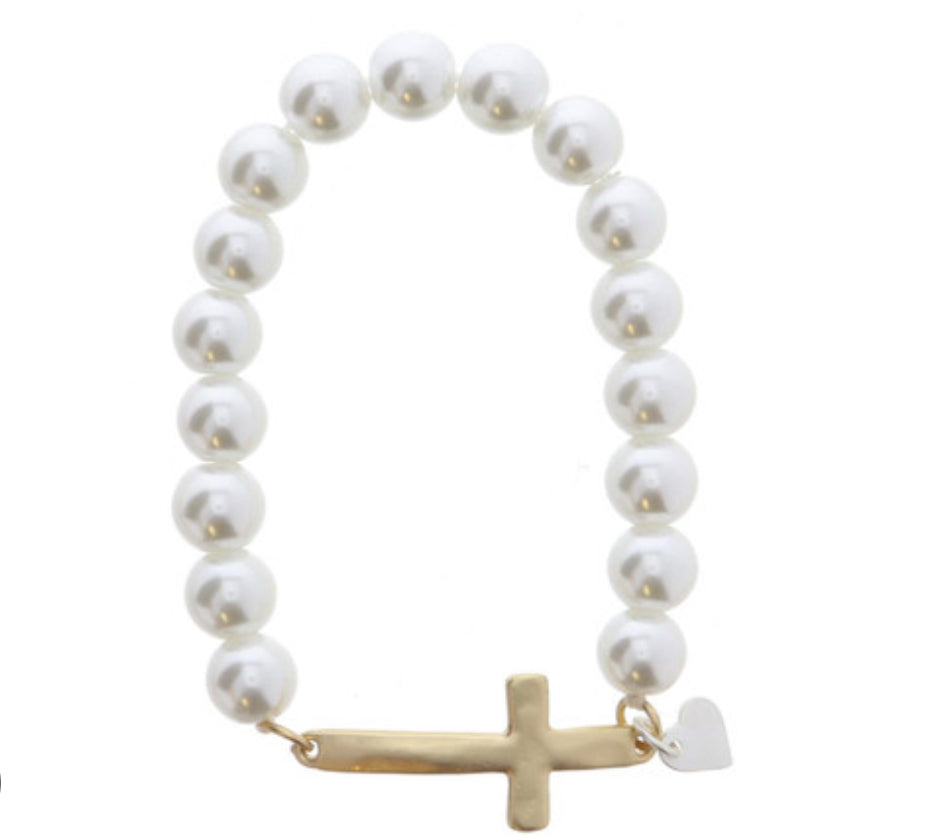 Pearl Beaded with Skinny Sideways Cross bracelet