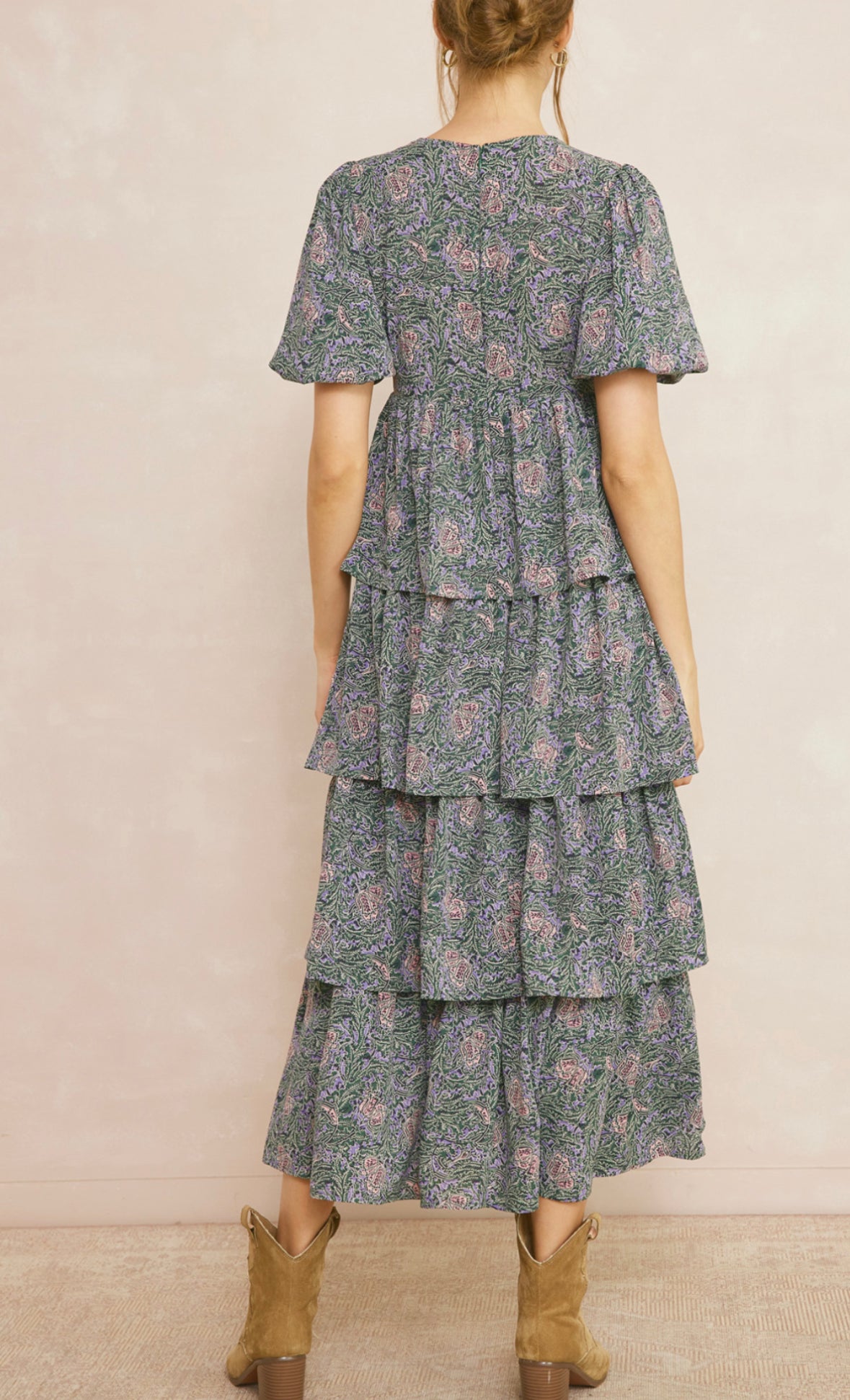 Tiered puff sleeve maxi dress with zipper