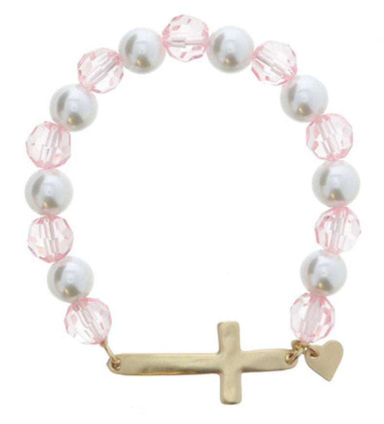Pearl Beaded with Skinny Sideways Cross bracelet