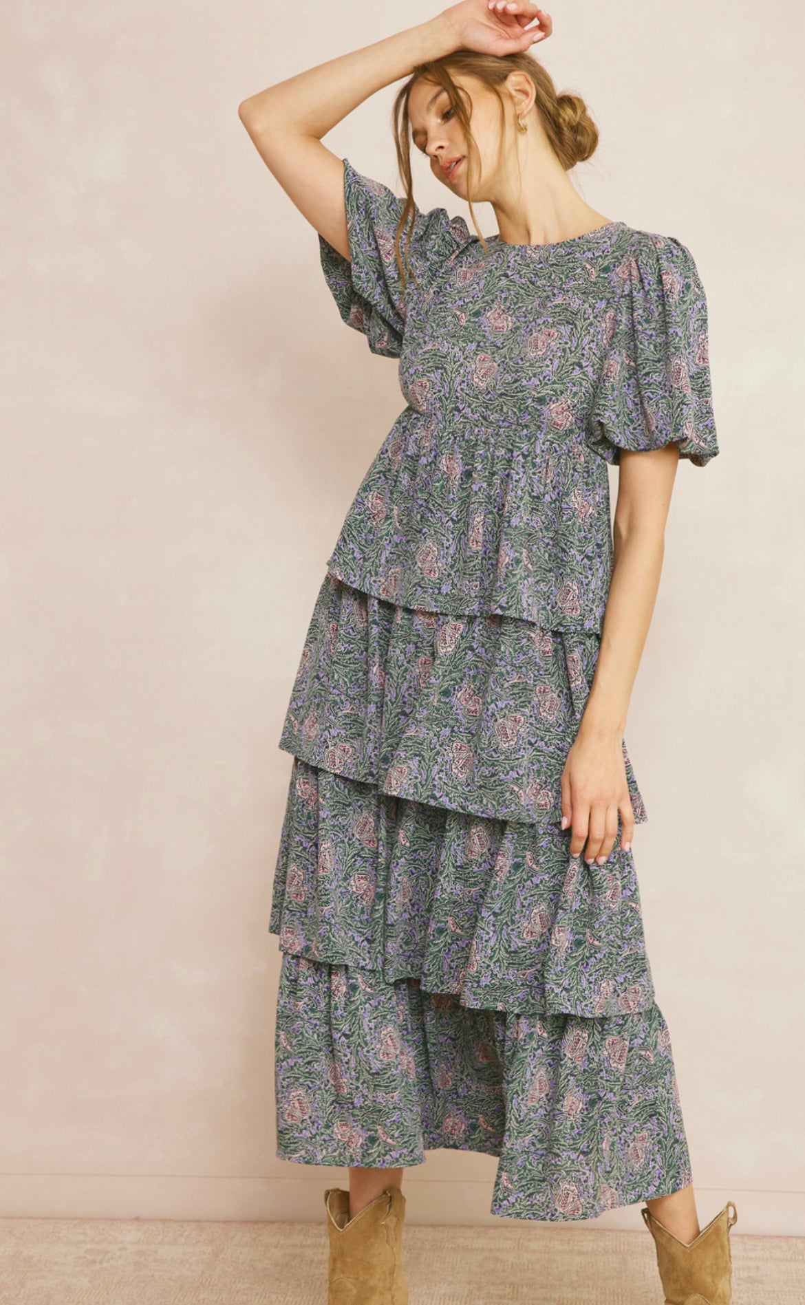 Tiered puff sleeve maxi dress with zipper