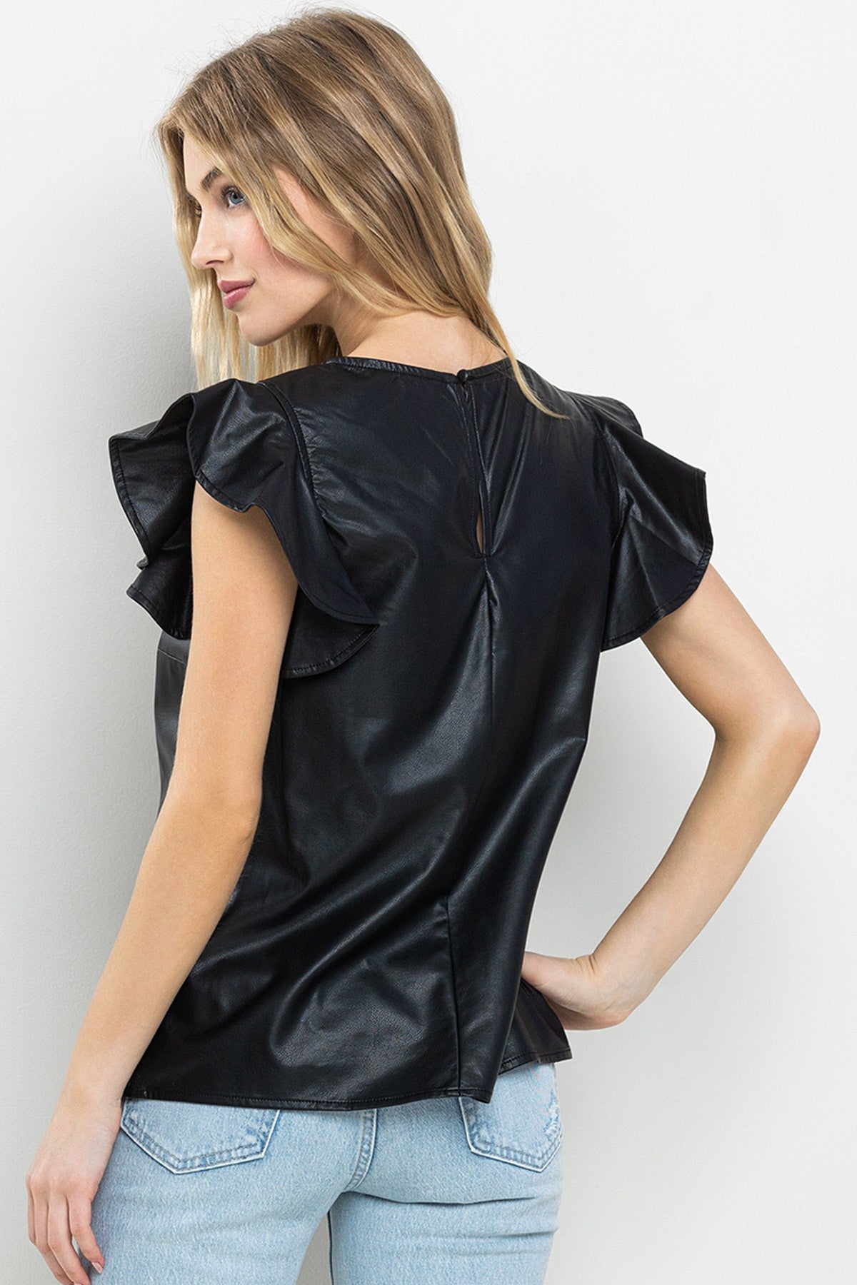 Vegan Leather Ruffle Sleeve Top