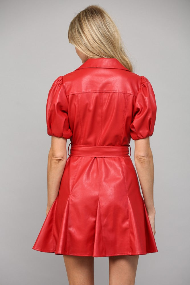 Faux Leather Tie Waist Puff Sleeve Dress