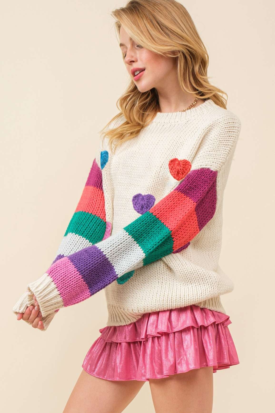 3D Heart Crochet Multi Stripe Sweater
