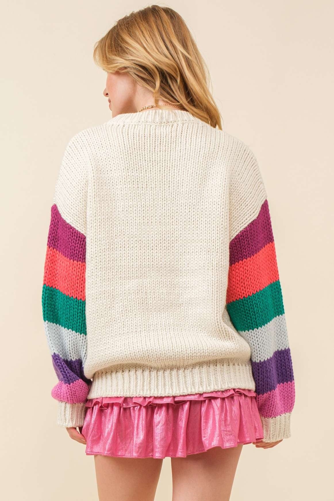 3D Heart Crochet Multi Stripe Sweater