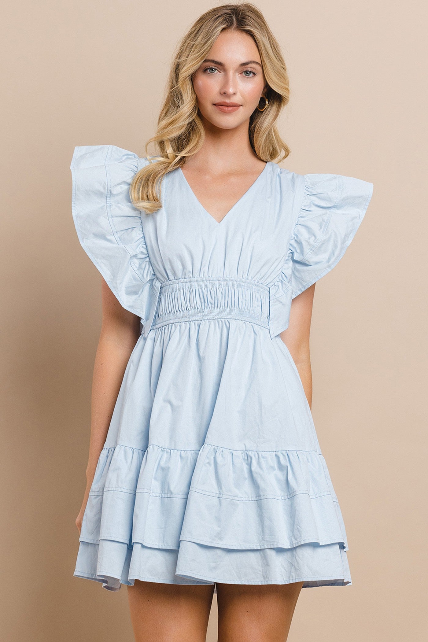 V-neck Poplin Ruffle Sleeve Dress
