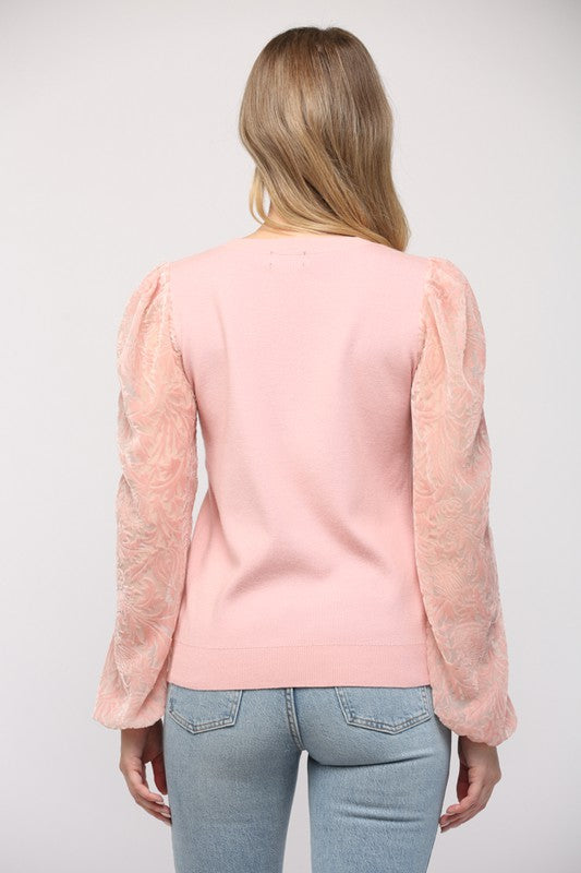 Contrast Burnout Velvet Sleeve Sweater