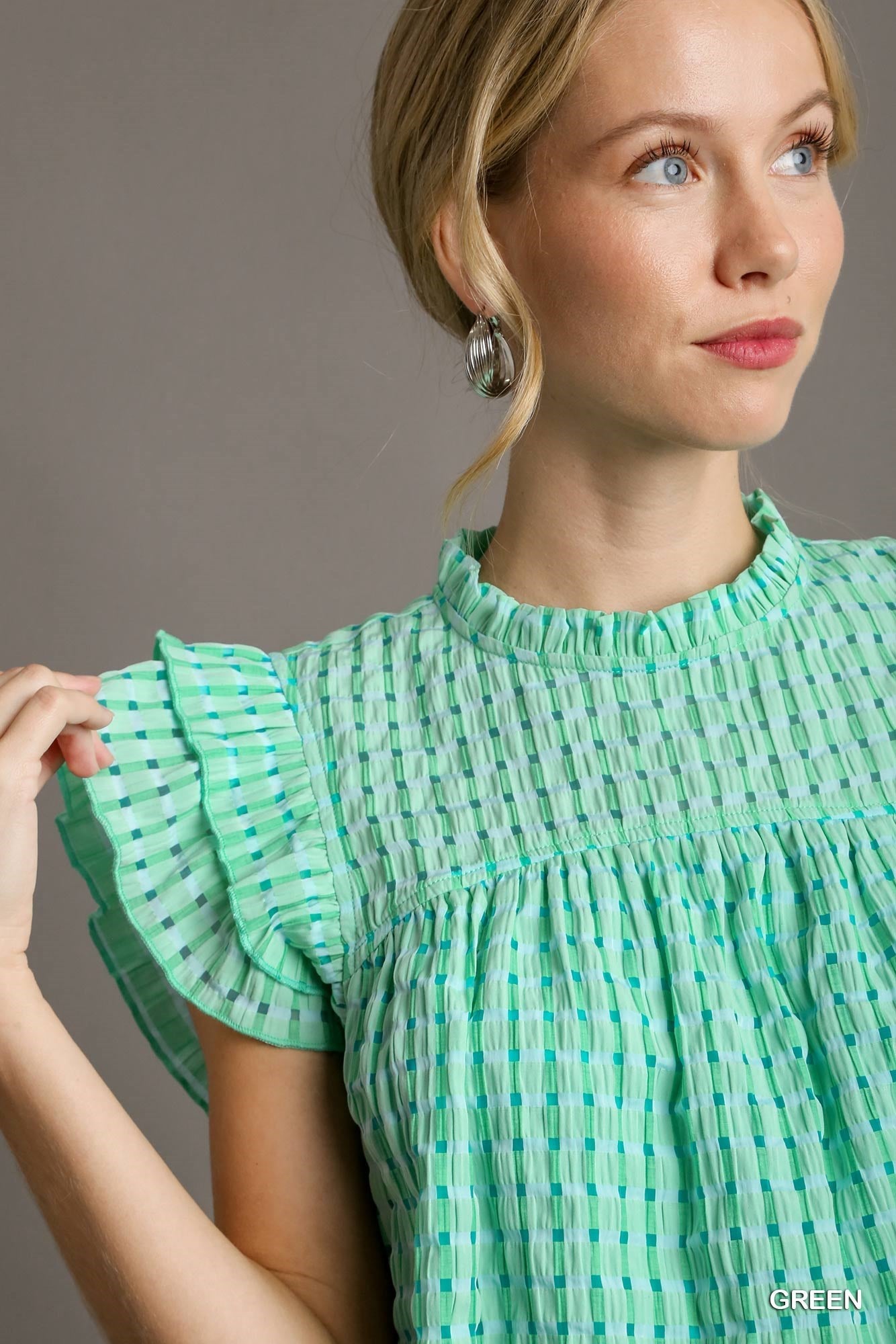 Seersucker Ruffle Neck Boxy Top