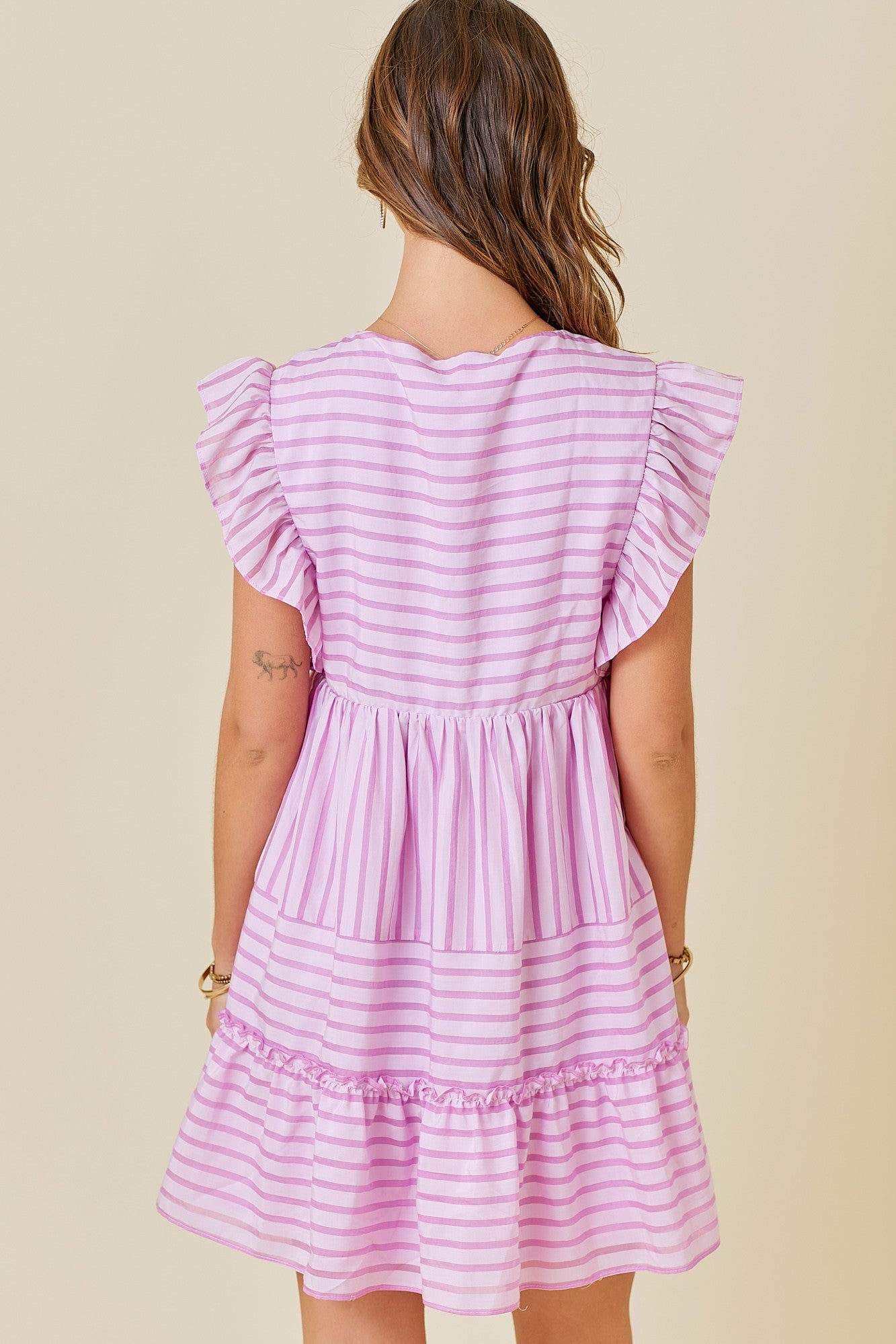 Striped Ruffle Sleeve Tiered Dress