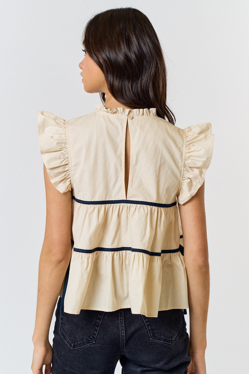 Ruffle Neck Top With Contrast Detail