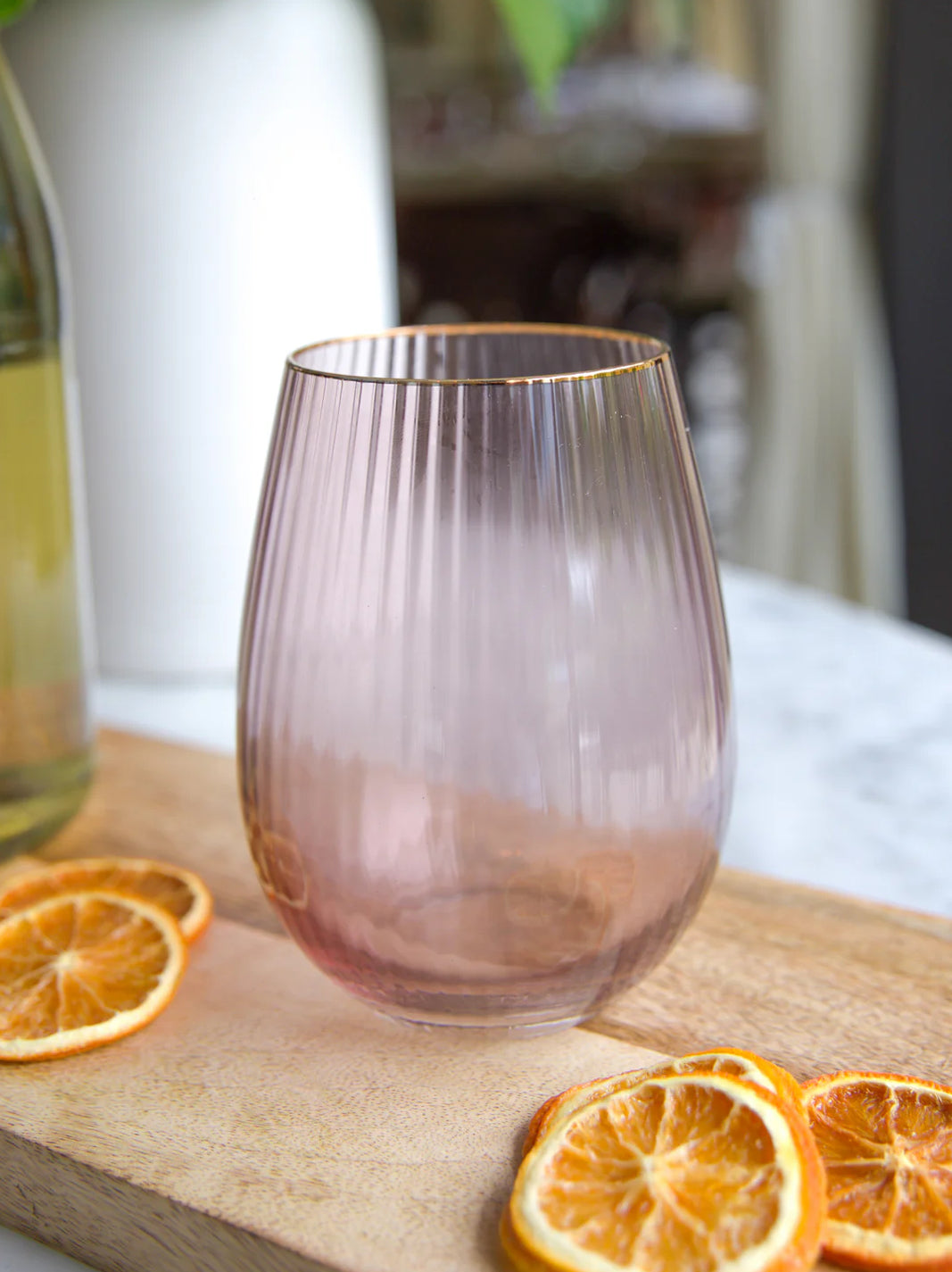 Ribbed Mauve Stemless Wine Glass
