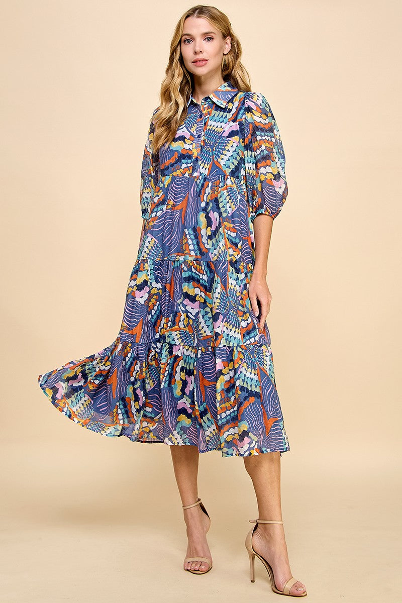 Abstract Printed Tiered Skirt Midi Dress