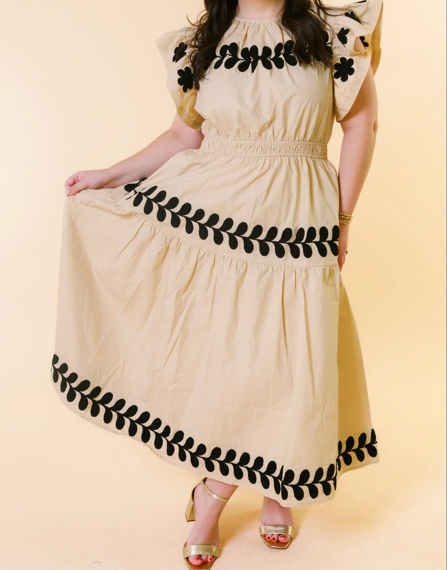 Tan Embroidered Flutter Sleeve Midi Dress