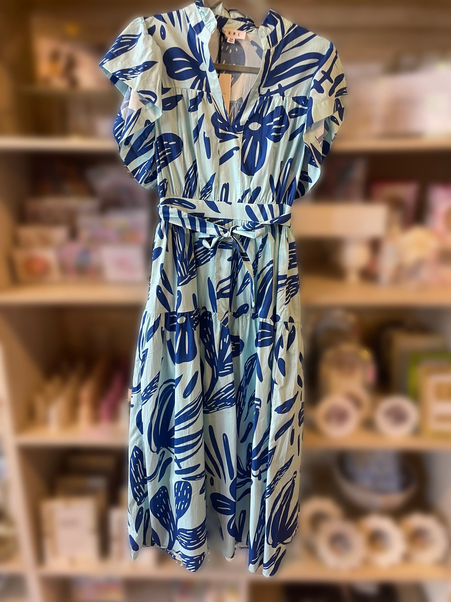 Leaf Print Blue Midi Dress