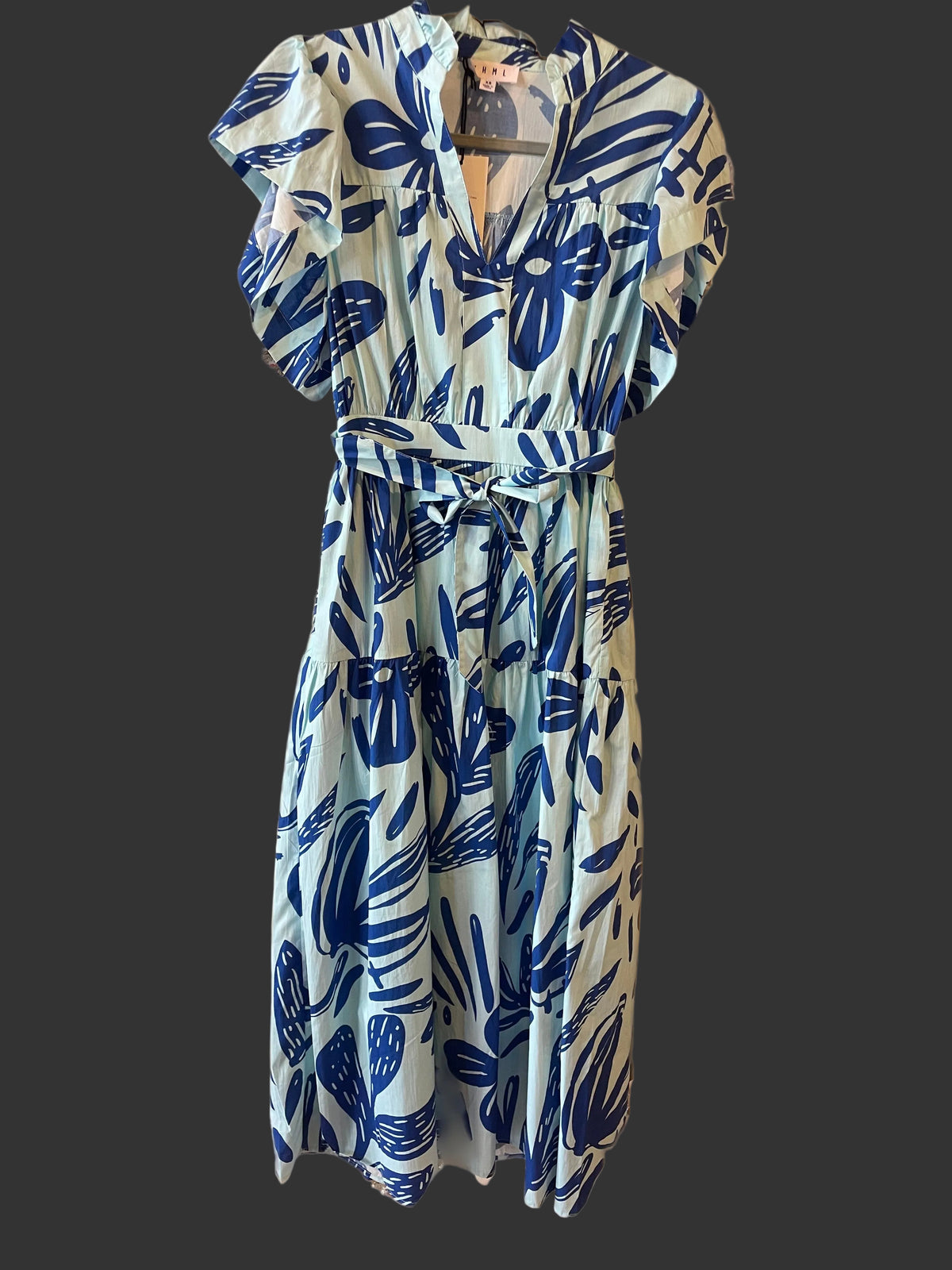 Leaf Print Blue Midi Dress