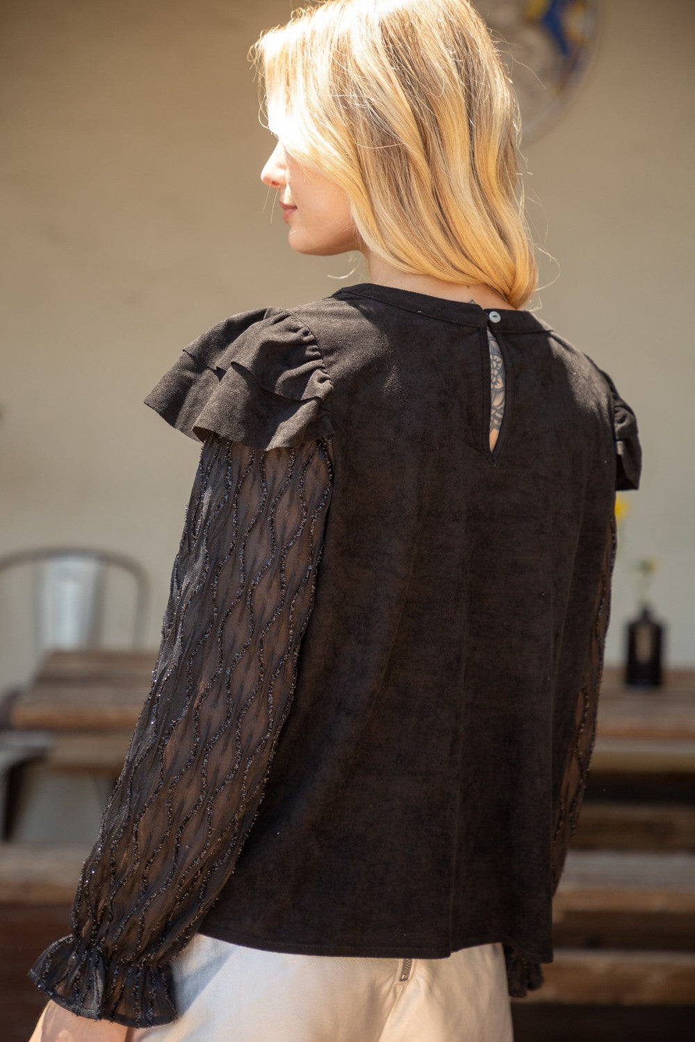 Lurex Detailed LS Suede Top