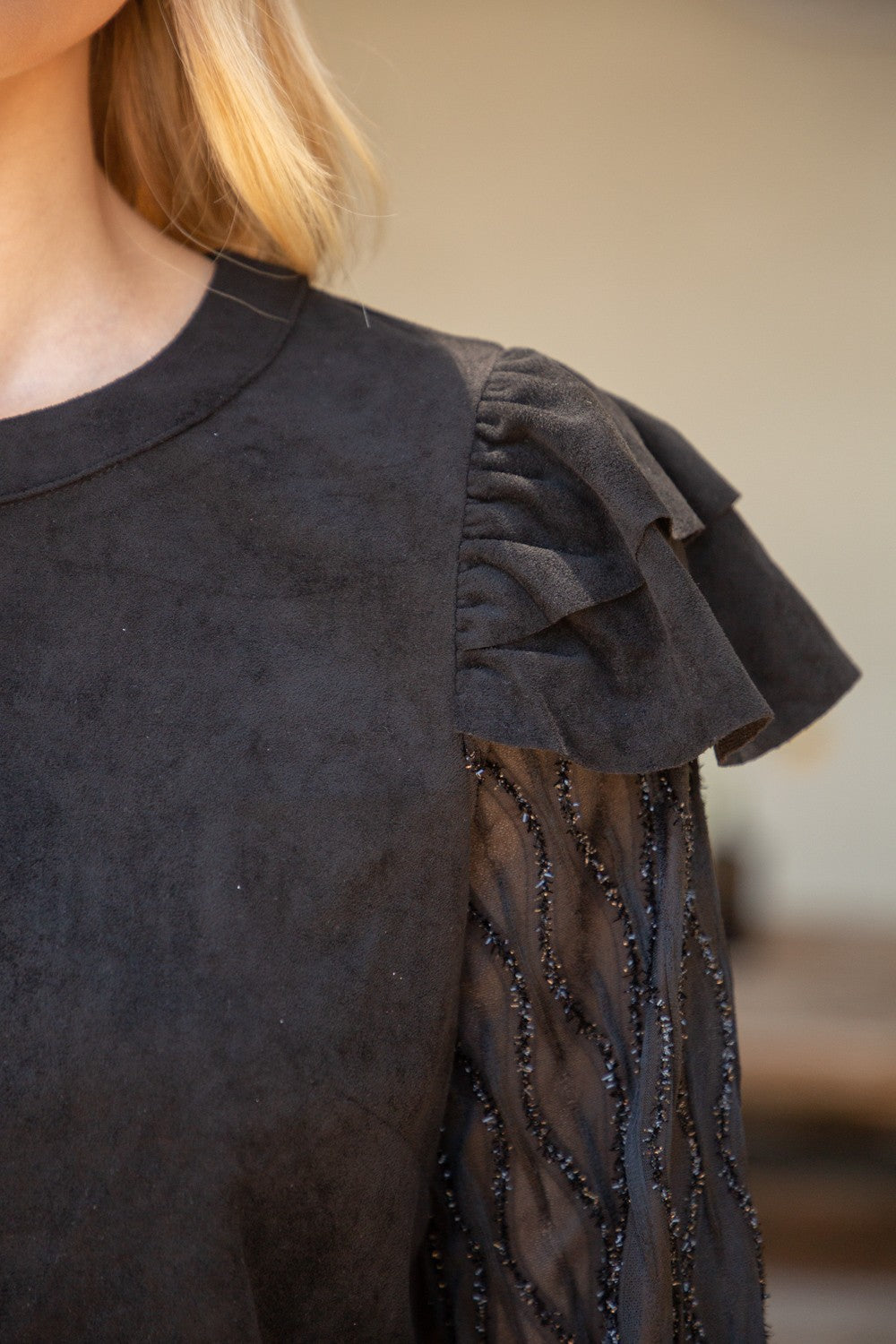 Lurex Detailed LS Suede Top