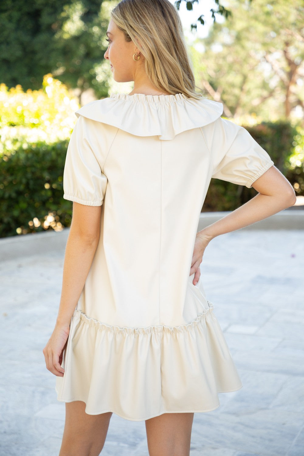 Ruffle V-neck Faux Leather Dress