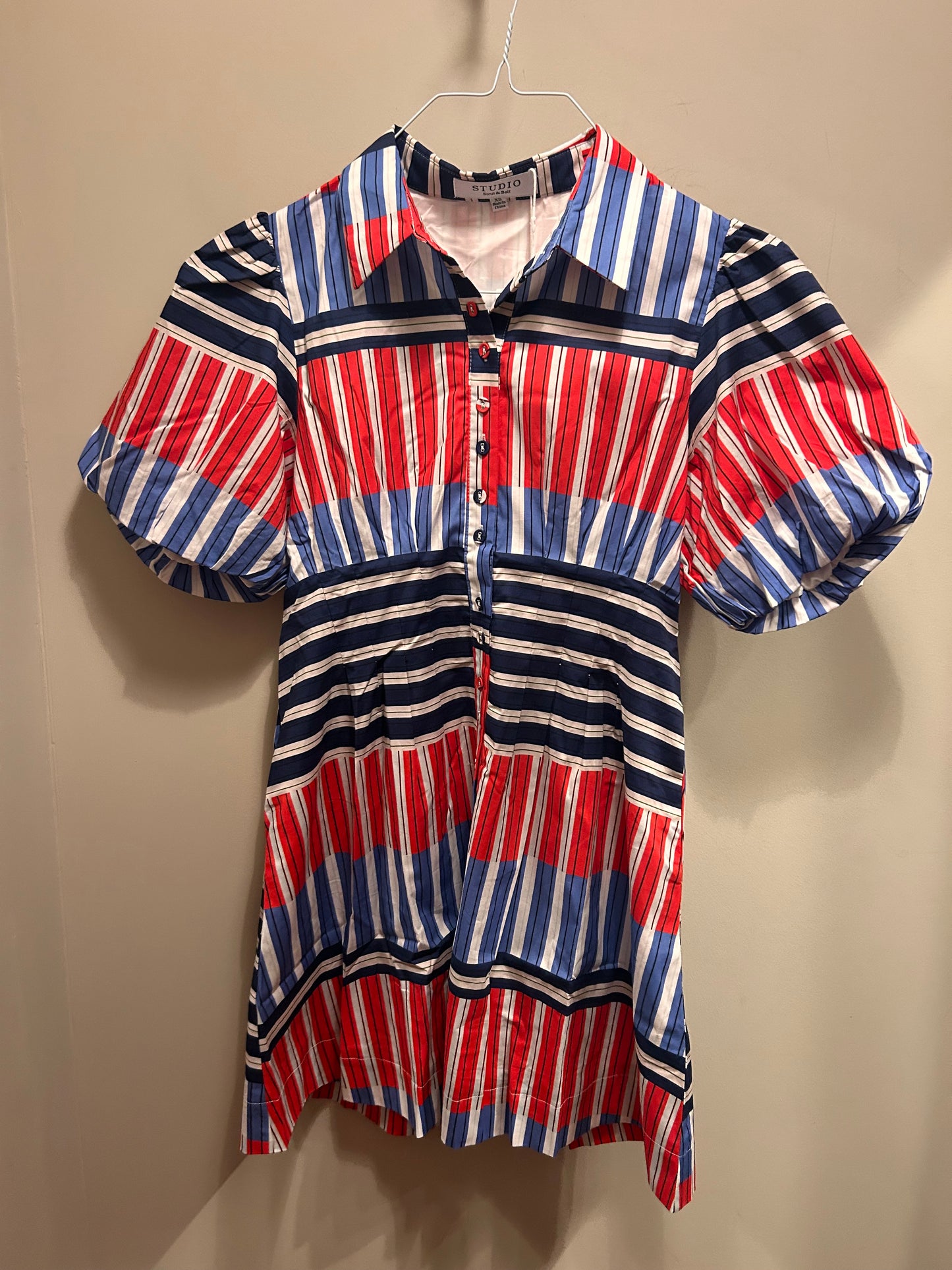 Red White and Blue Puff Sleeve Mini Dress