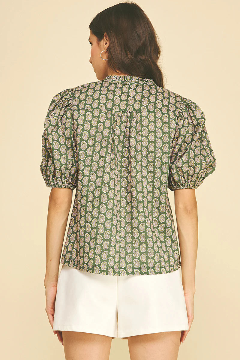Paisley Print V-Neck Puff Sleeve Blouse