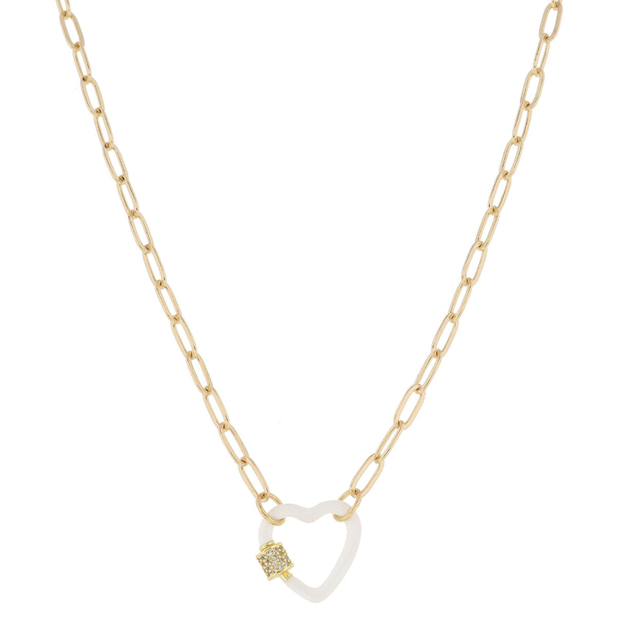 White Enamel Dipped Heart Carabiner w/ Crystal Pave Latch Necklace